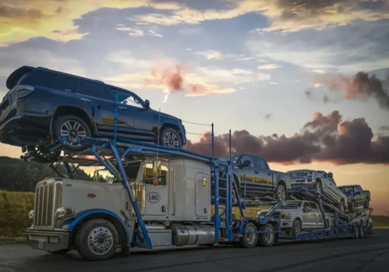 A multi-car carrier truck loaded with SUVs and pickups driving on a highway during a sunset.